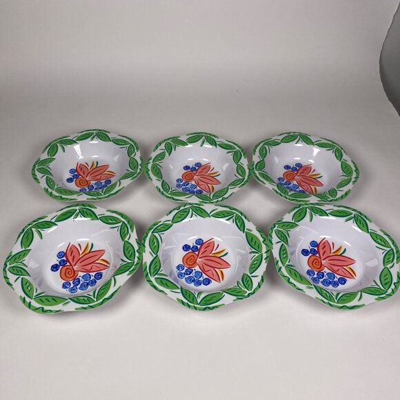Trudeau Melamine Salad Cereal Bowls Set of 6 Fruit Blueberry Print Scallop Edges - Picture 2 of 9